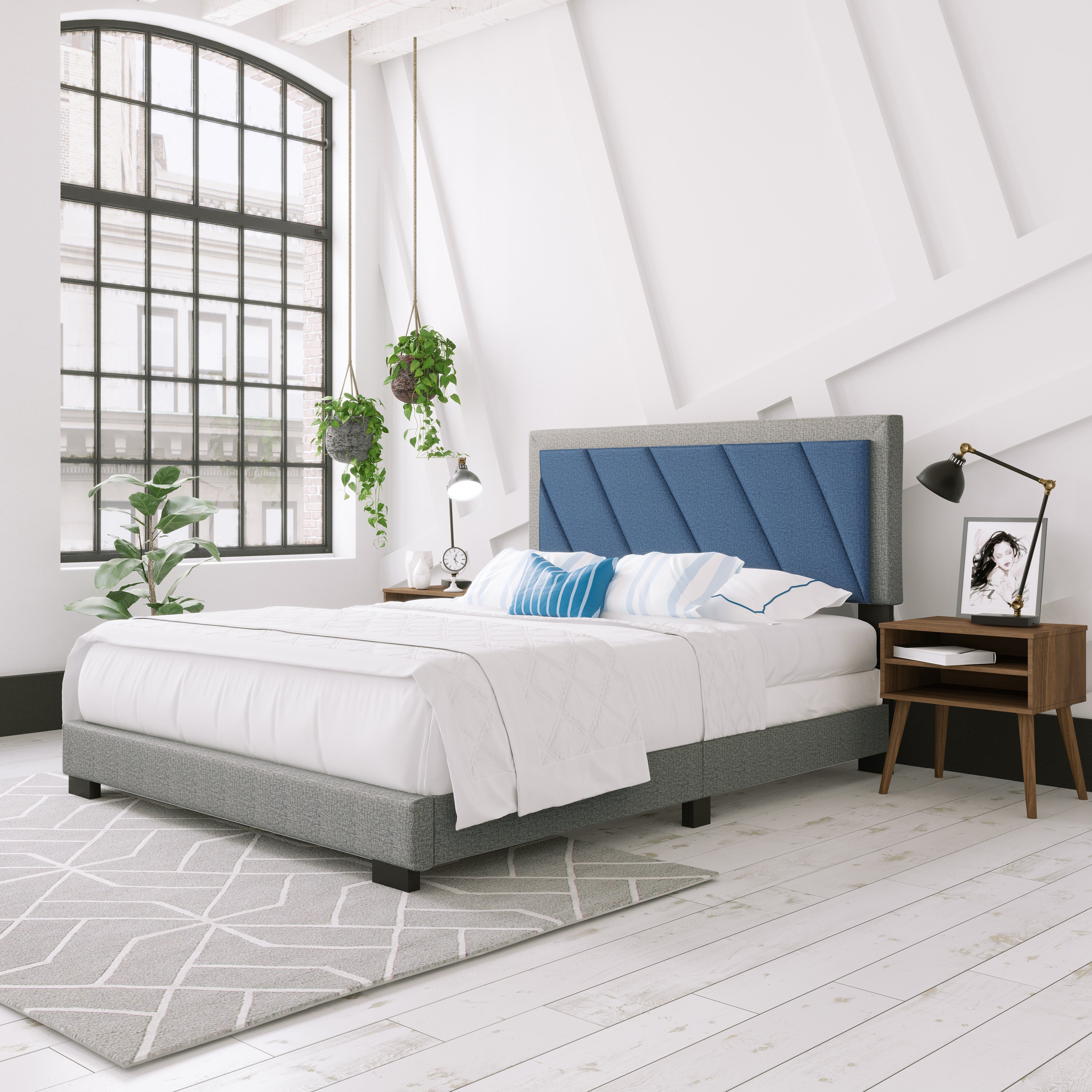 Diagonal Linen / Savona Faux Leather - Upholstered Bed