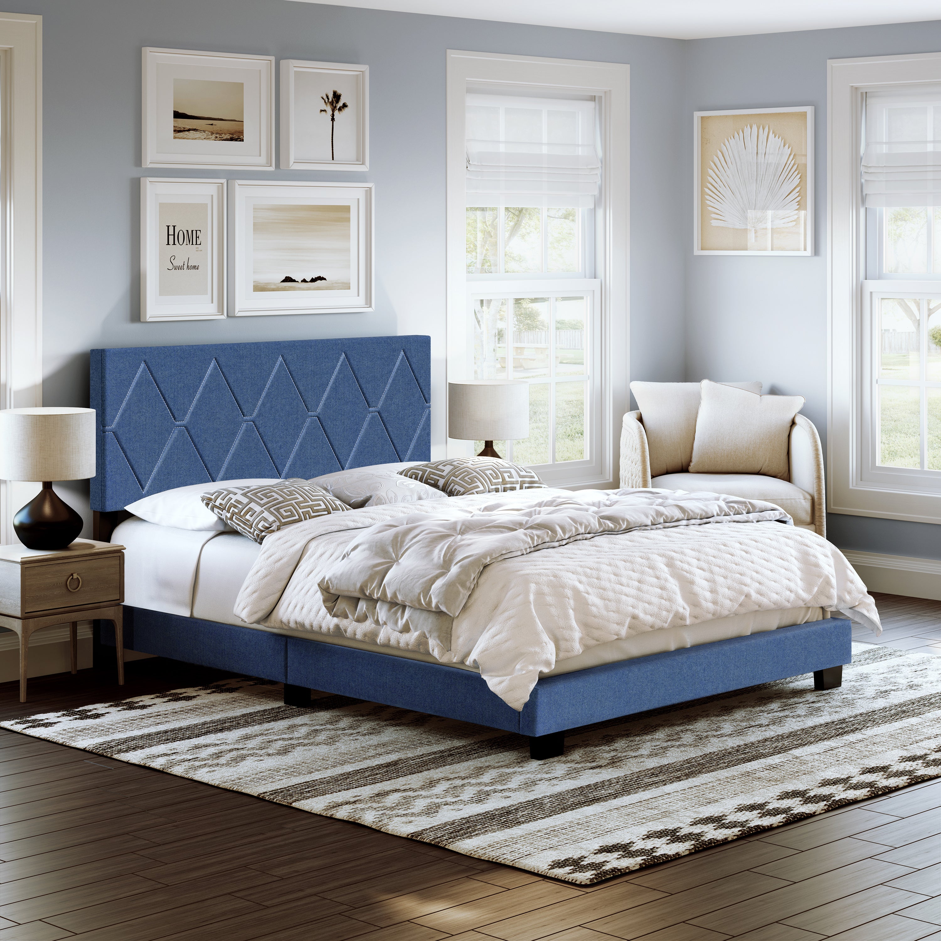 Diamond Linen / Charlat Faux Leather - Upholstered Bed