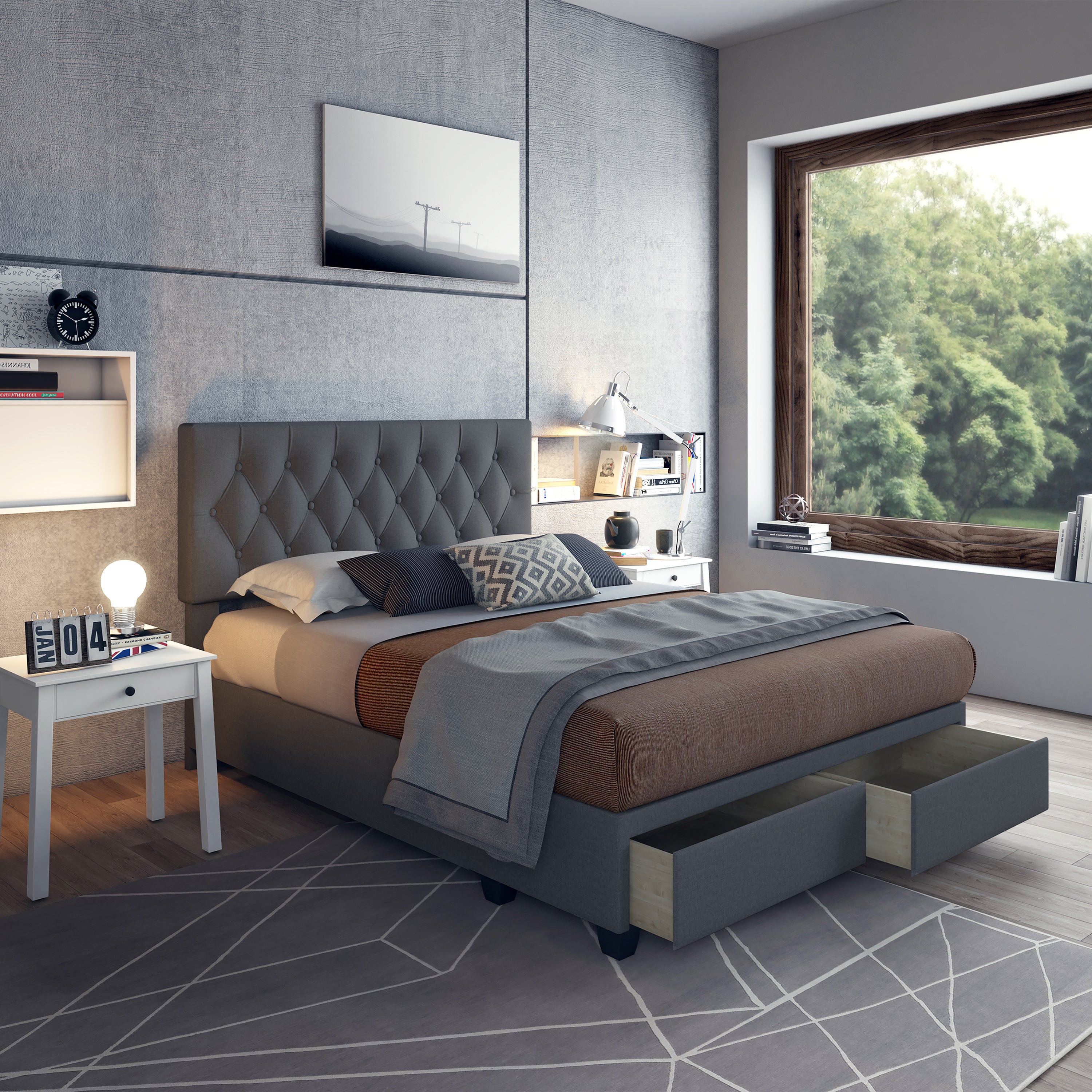 Verona Faux Leather / Salerno Linen - Platform Storage Bed